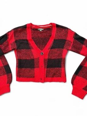 wild fable Red and Black Plaid V-Neck Cropped Cardigan